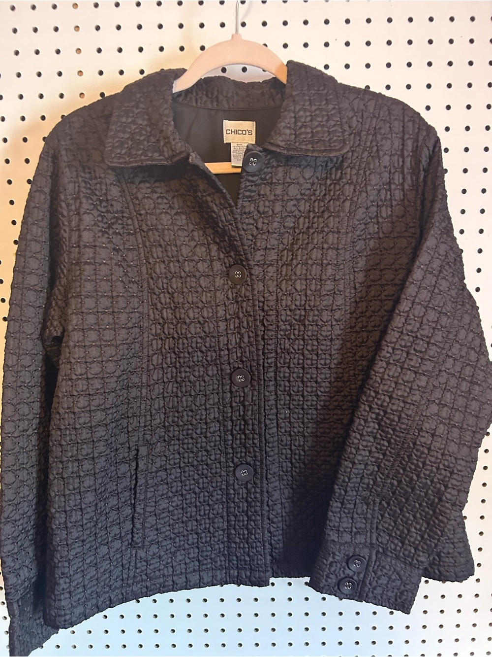 Chico's Textured Quilted Black Button-Up Jacket